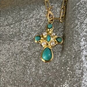 Elegant Gold ,Pearl Turquoise Cross Pendant  Necklace 34 inches paper clip chain